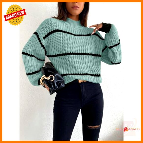 High-Neck Cropped Sweater Striped Stand-Up Collar Dropped Shoulder Knitted - Picture 4 of 7